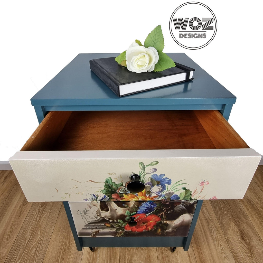Bedside Drawers with Skull and Flowers Print