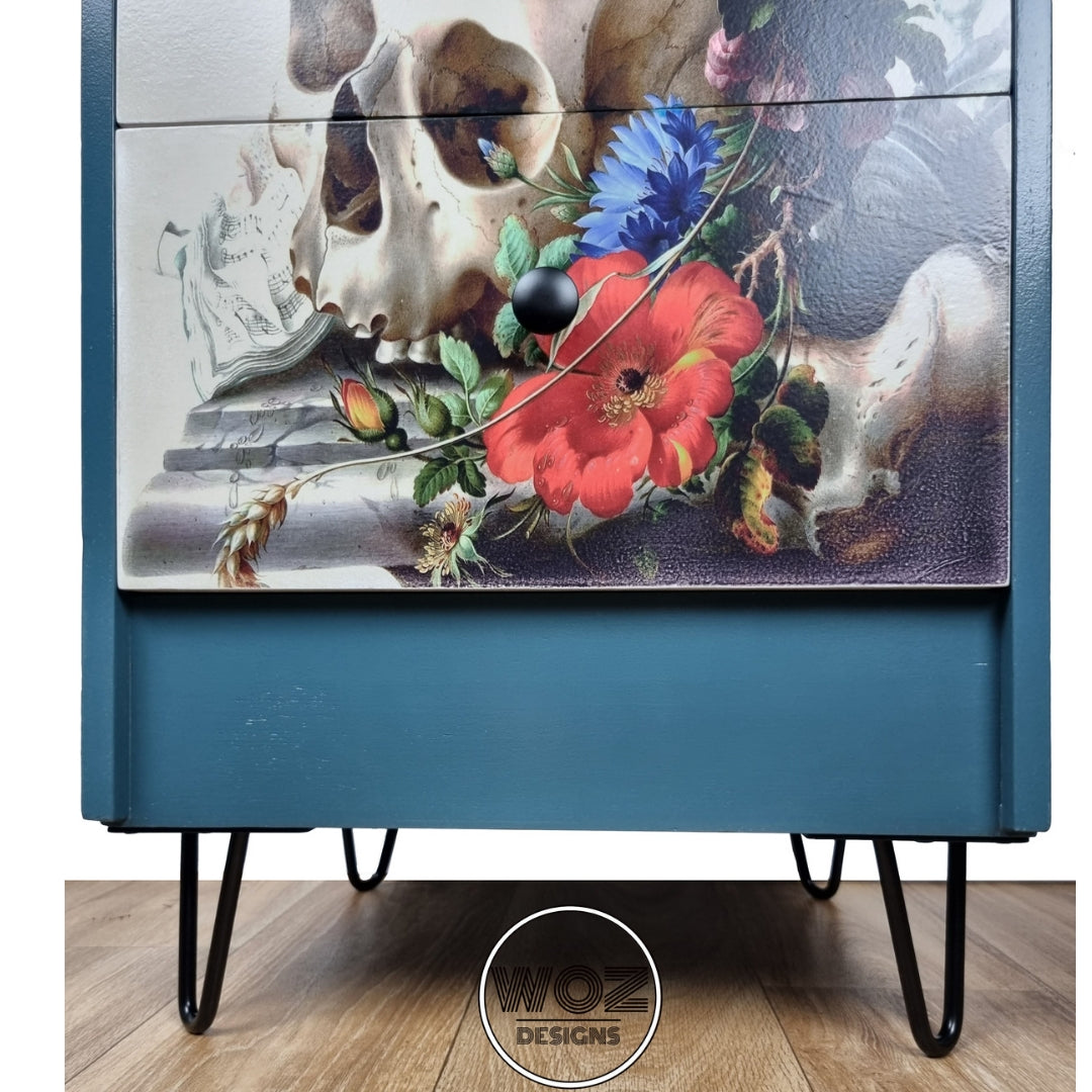 Bedside Drawers with Skull and Flowers Print