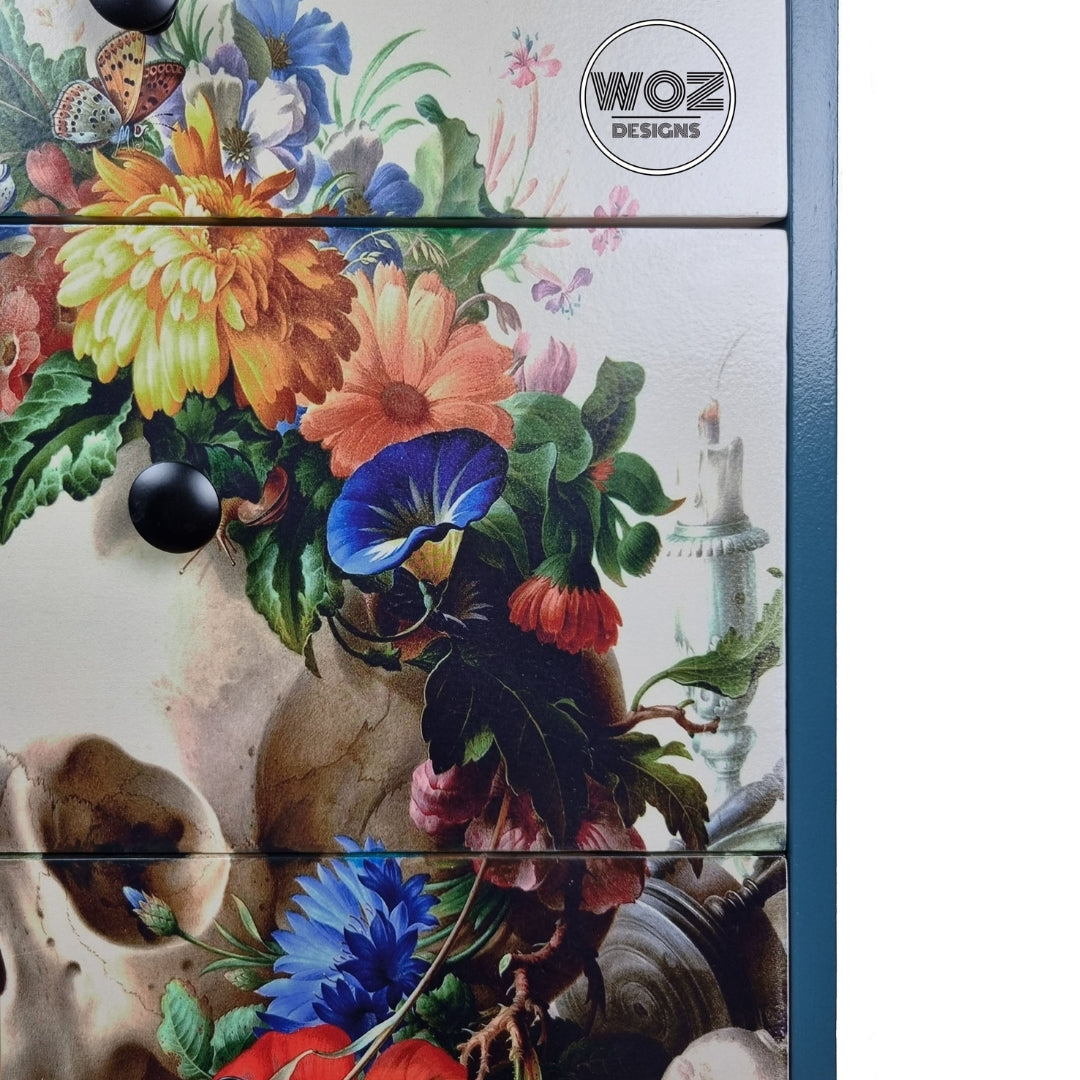 Bedside Drawers with Skull and Flowers Print