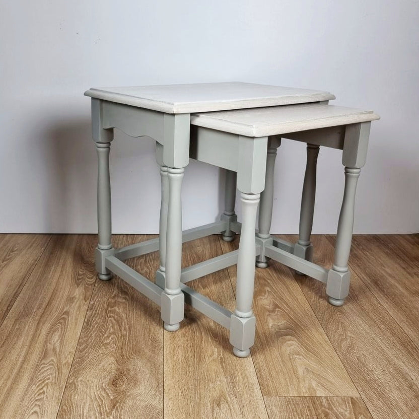 Pale Grey Nest of Two Side Tables with Whitewashed Oak Tops