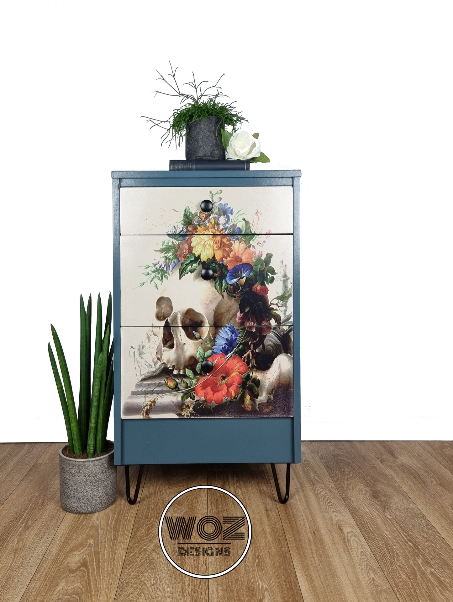 Bedside Drawers with Skull and Flowers Print
