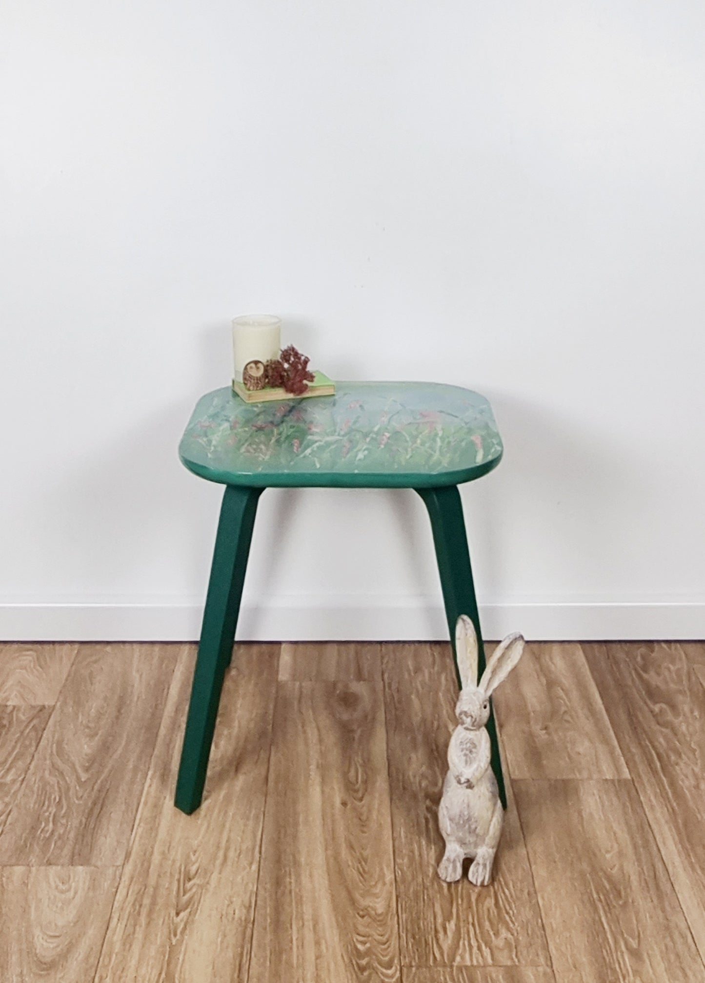 Hand painted floral side table legs painted in green with pretty flowers on the top