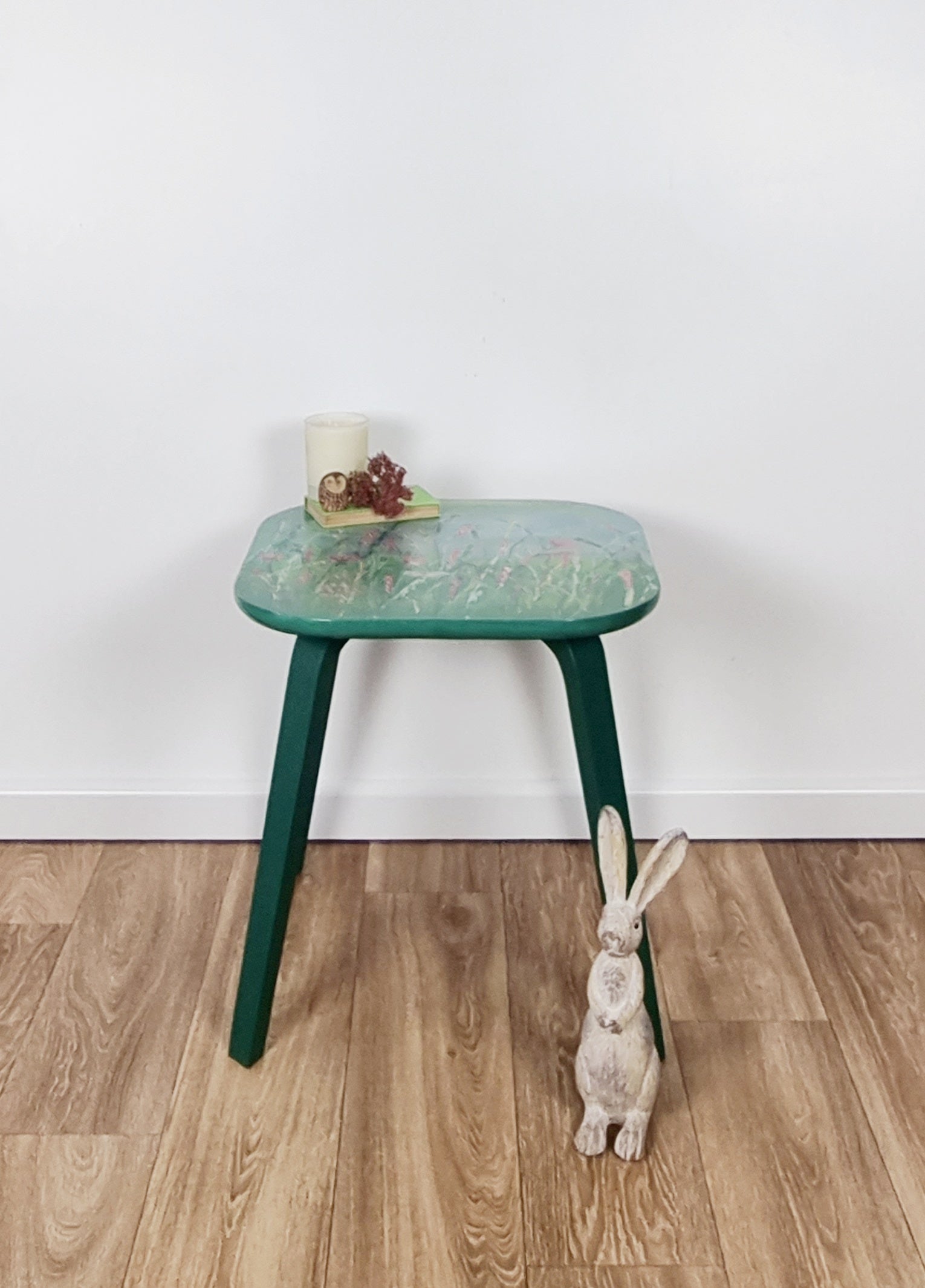 Hand painted floral side table legs painted in green with pretty flowers on the top