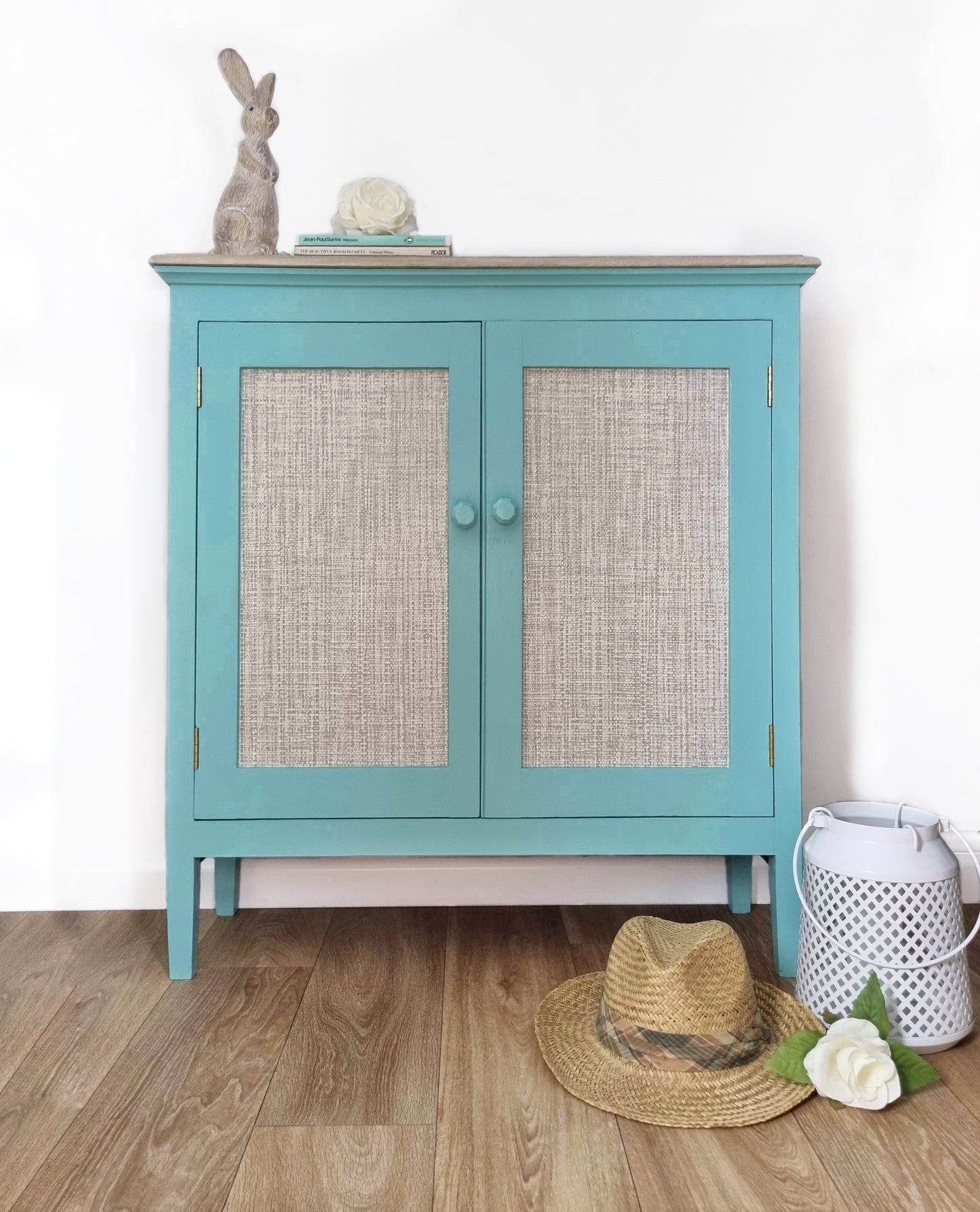 Slim cupboard hallway storage pale blue bathroom painted beach theme 