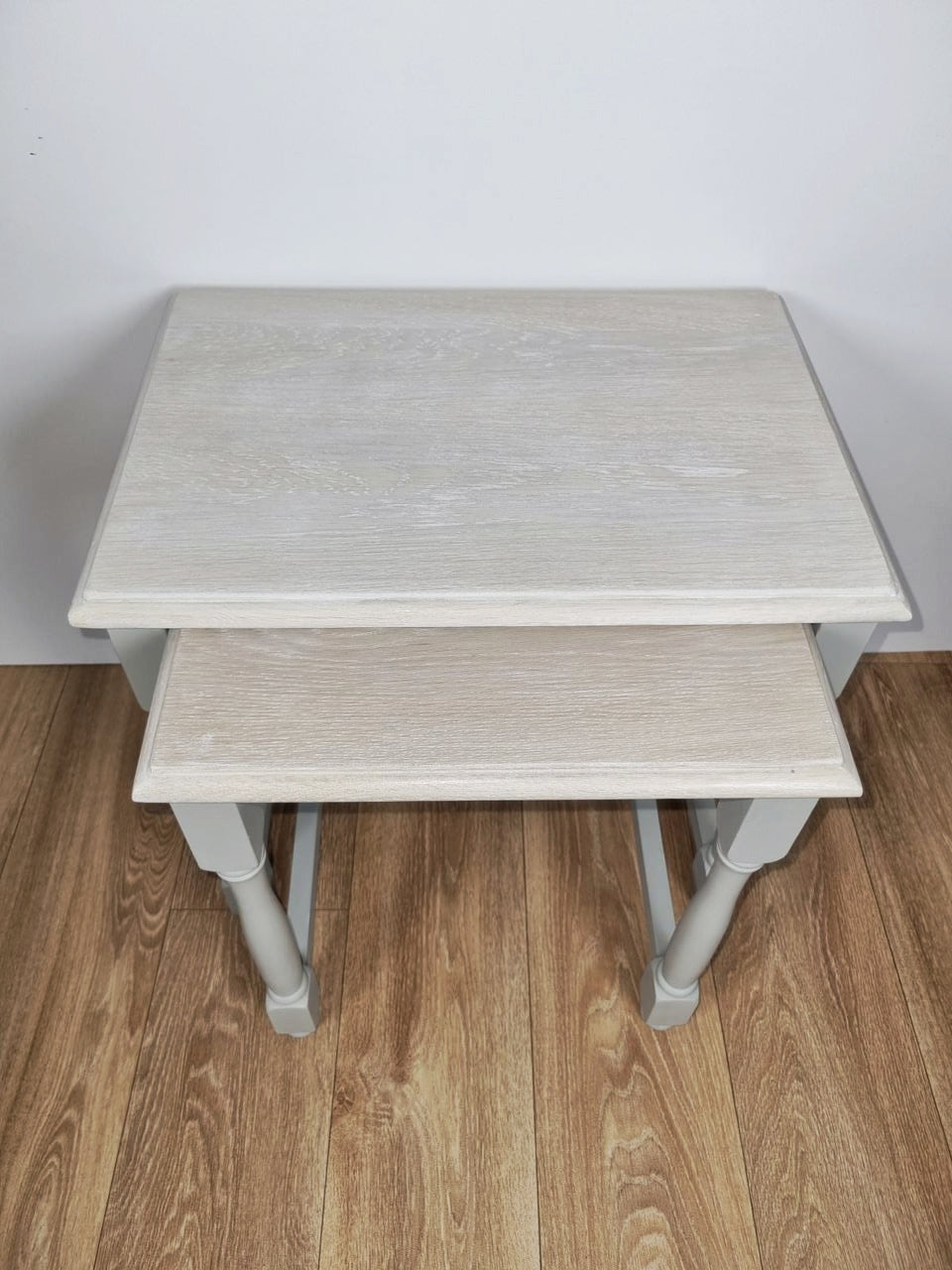 Pale Grey Nest of Two Side Tables with Whitewashed Oak Tops